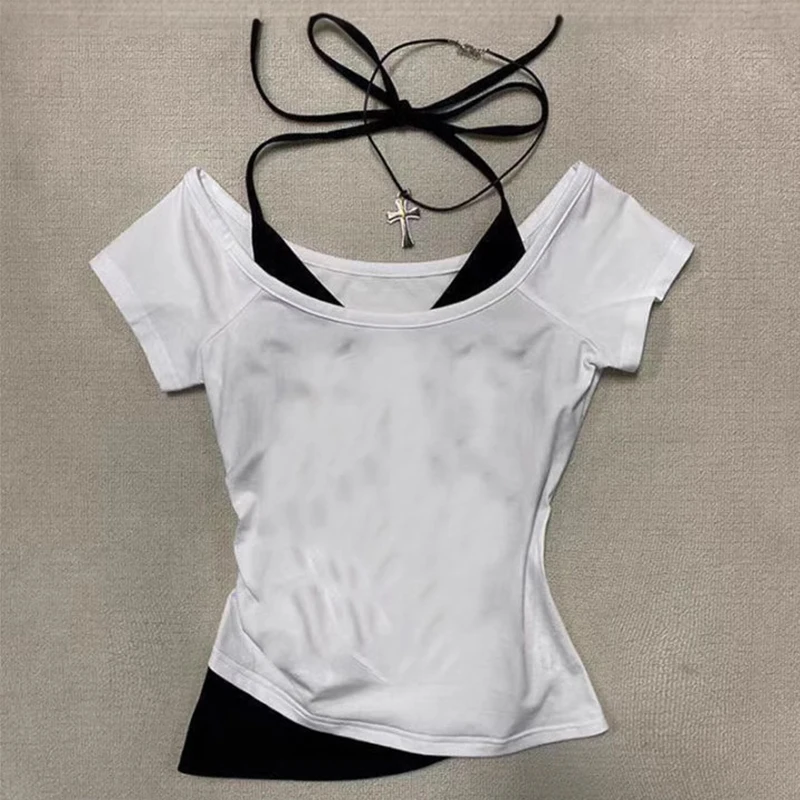 Sweet Summer Fake Two-Piece American Sweet and Spicy Short-Sleeved T-shirt Women's Slim Top Trendy Light Board