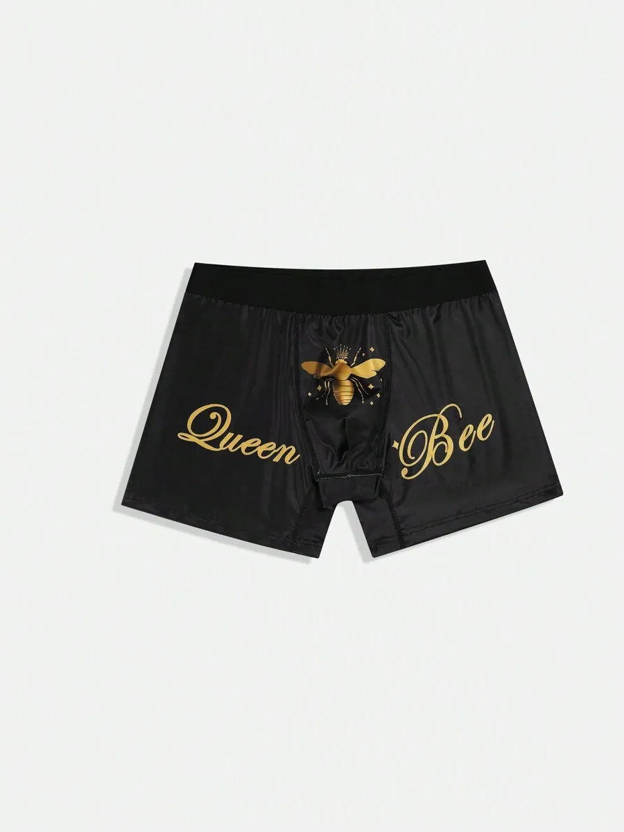 Mens Queen Bee Print Boxer Briefs With Golden Insect Design