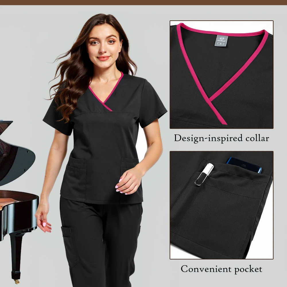 Nurse Scrubs Uniform Women Medical Scrub Set Pocket Top+Pants 2 Piece Suit Nursing Operating Room Clothes Beauty Salon Work Wear