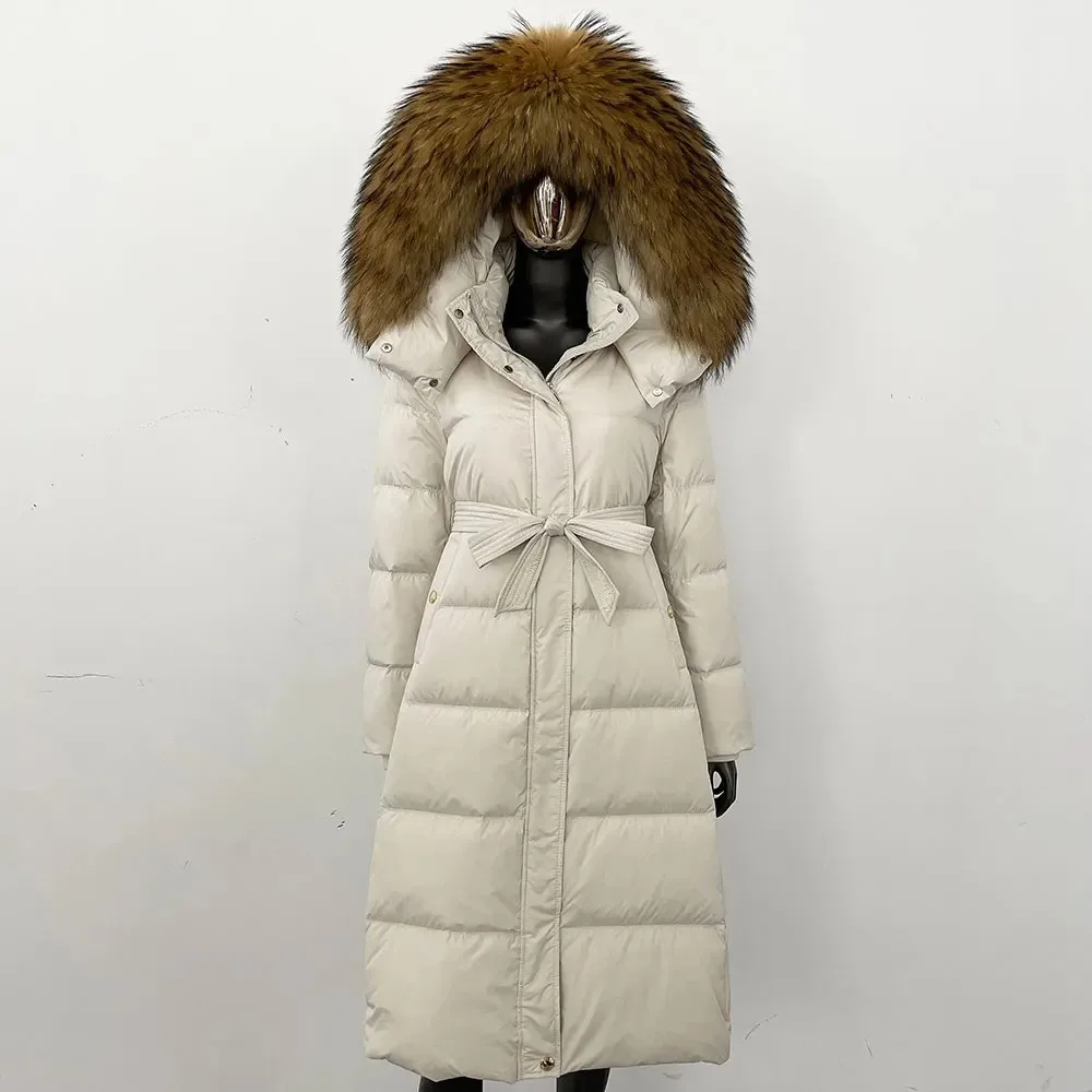 

Воротник из натурального лисьего меха 2025, зимнее белое пальто на гусином пуху, свободная куртка с капюшоном, женская утолщенная теплая куртка с поясом, новое модное пуховое пальто