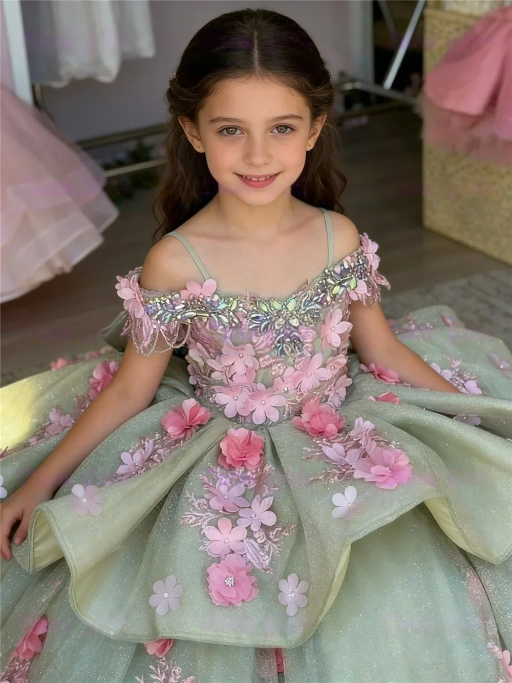 Custom Luxury Flower Girl Dress Wedding Banquet Birthday Party Pageant Runway Princess Tutu Gown Kids Floral Applique Beaded