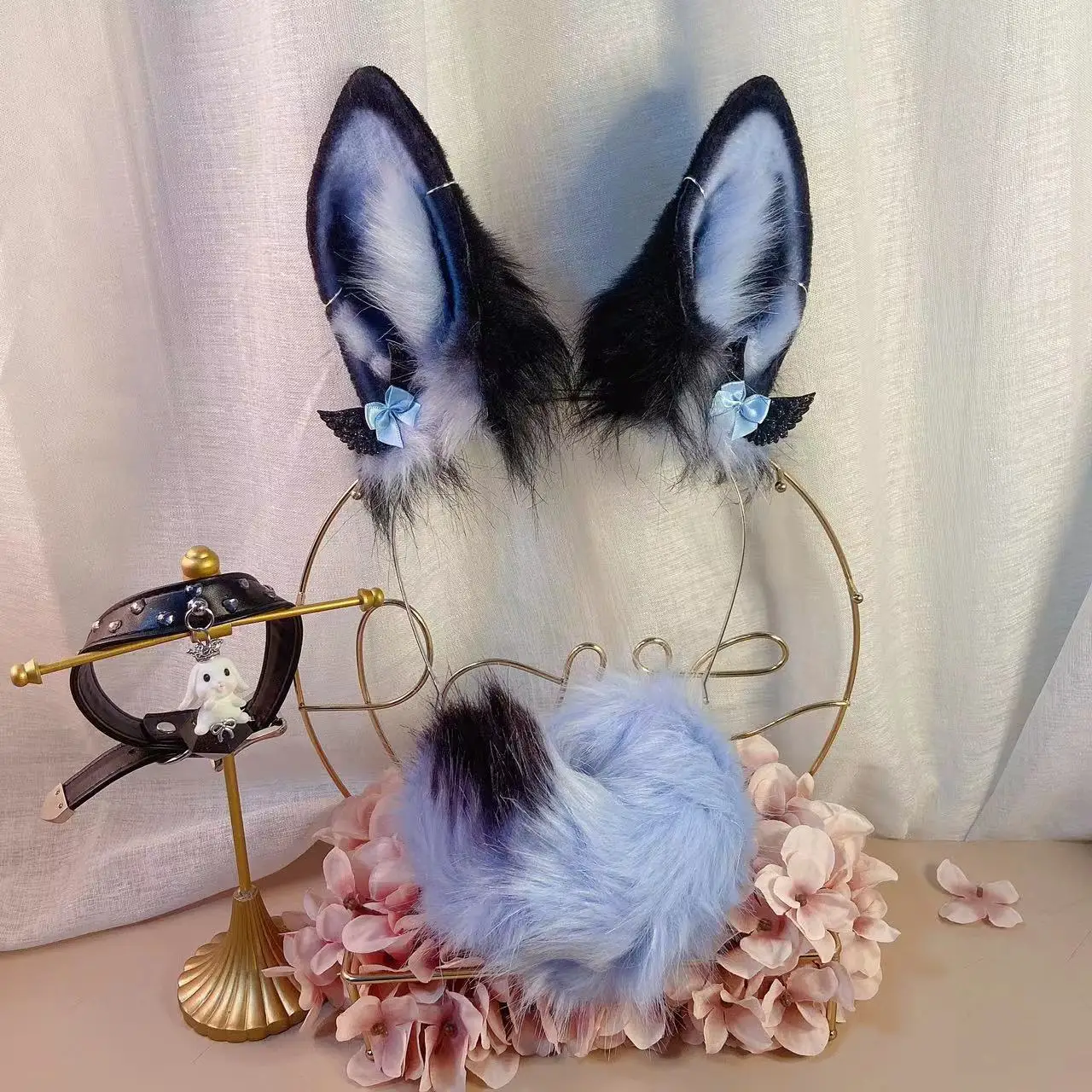 

Handmade Work Blue Bunny Rabbit Ears Hairhoop Hair Clips Tail Necklace Earrings Cosplay Prop Lolita Headwear Acessories