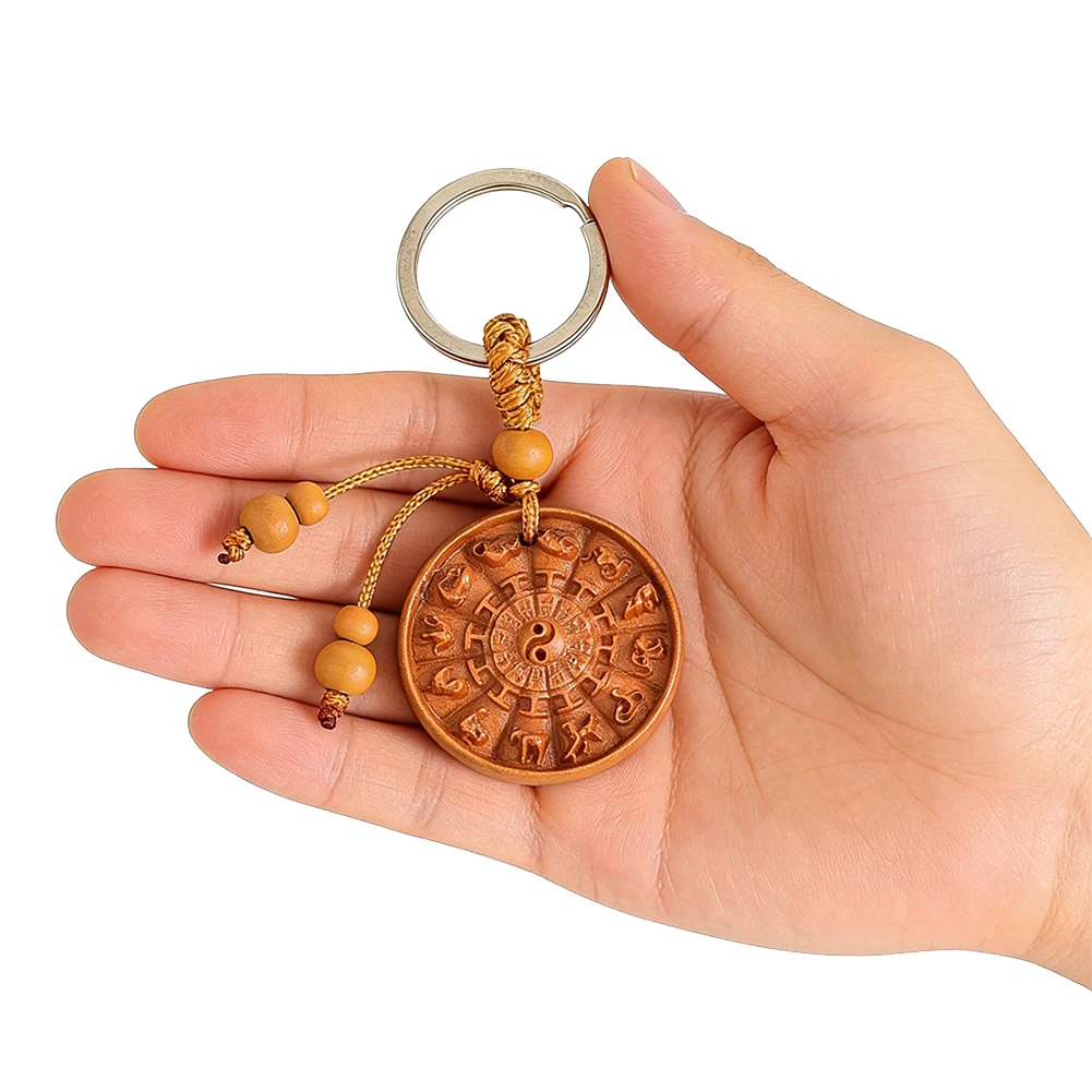 Chinese Feng Shui Twelve Zodiac Animals Keychain Wooden Carving Crafts Lucky Amulet Car Key Ring Bag Charm Souvenir Jewelry