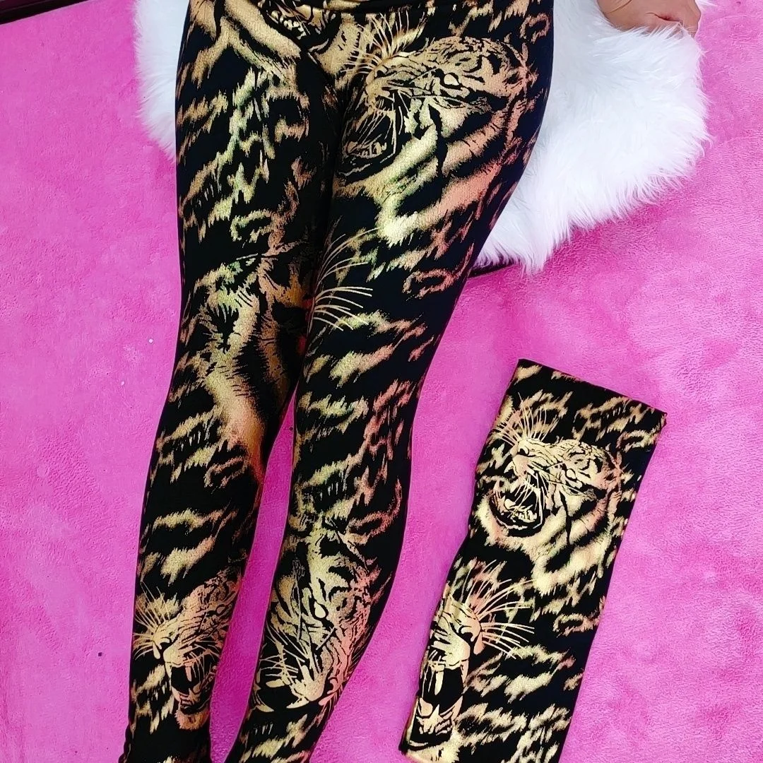 Summer Spring Black Gold Tiger Thin Sequin Women\'s Leggings Pants High Waist Plus Size Pencil Trousers