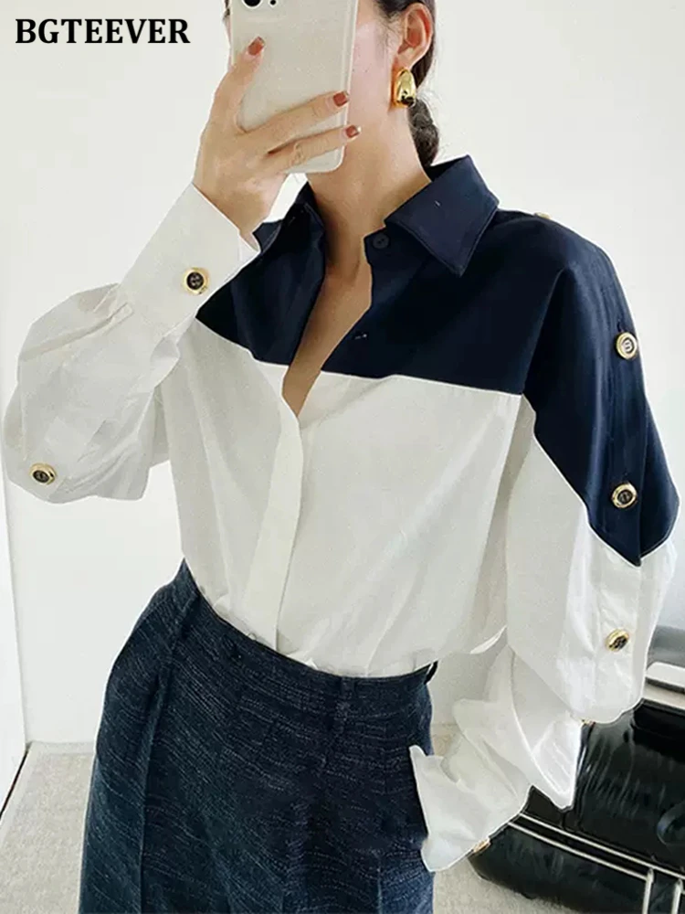 BGTEEVER Stylish Patchwork Lapel Women Shirts Long Sleeve Single-breasted Loose Female Blouses Spring Autumn Ladies Tops