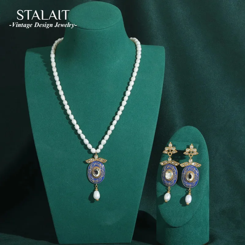 

Wedding Bride Enamel Necklace Woman Jewelry Set Rhinestones Baroque Pearl Earrings Retro Palace Design Crystal Leaf Accessories