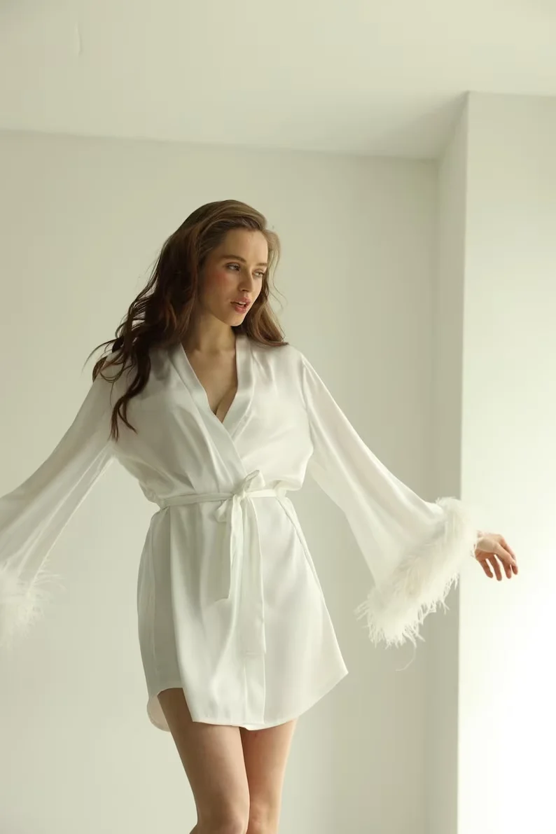 Bride Robe with DETACHABLE Feather Sleeves Bridal Robe Short White Satin Silk Robe for Wedding Day Morning Wedding Gown Outfit