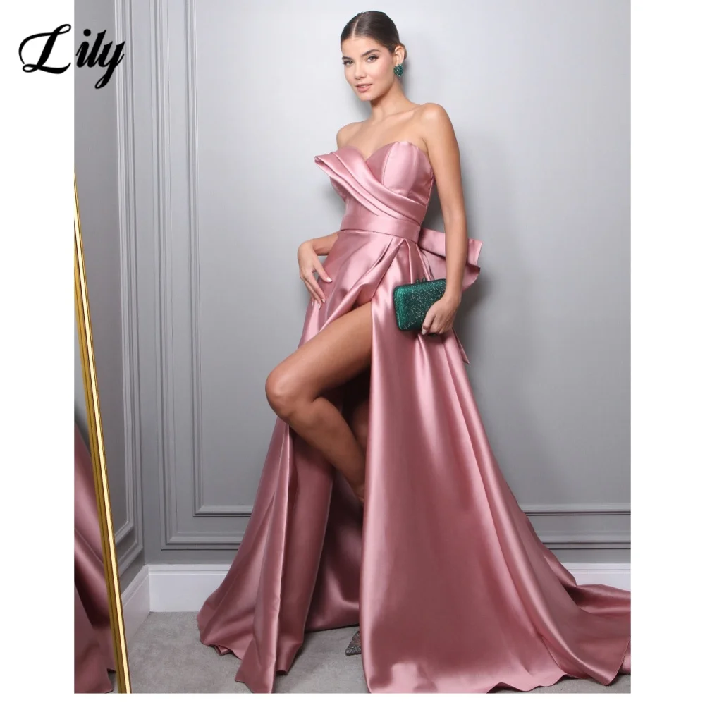 

Lily Pink Elegant Prom Dress Sweetheart 3D-Bow Prom Gown for Woman Satin Side High Split Celebrity Dress robe soirée Customized