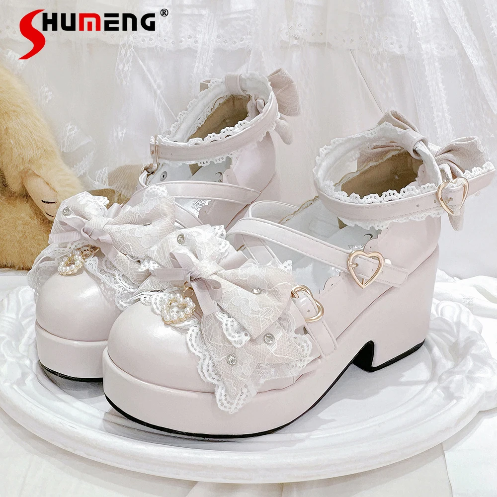 

Japanese Mine Style Mass Produce Mary Jane Shoes Heart Buckle Lace Bow Sweet Cute Versatile Elegant Lolita High Heel Pumps Women