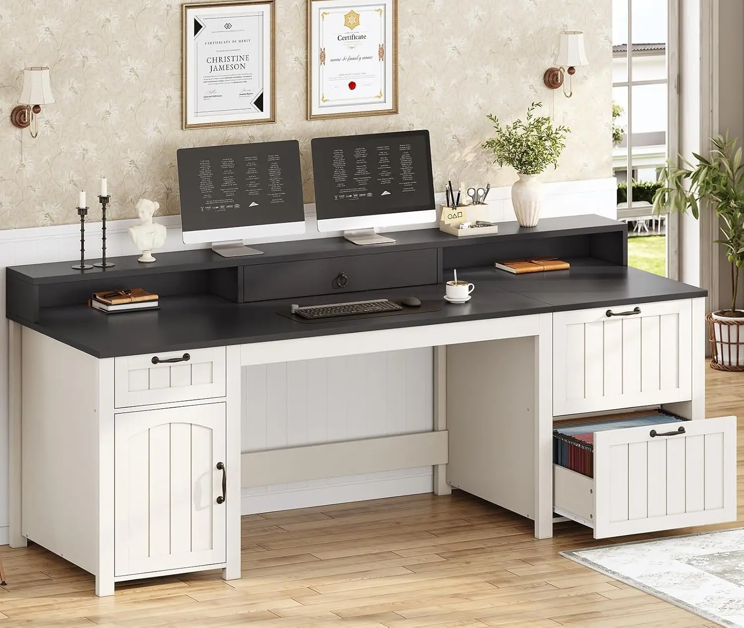 

Farmhouse 63" Executive Desk Home Office Desk with File Drawer and Monitor Stand