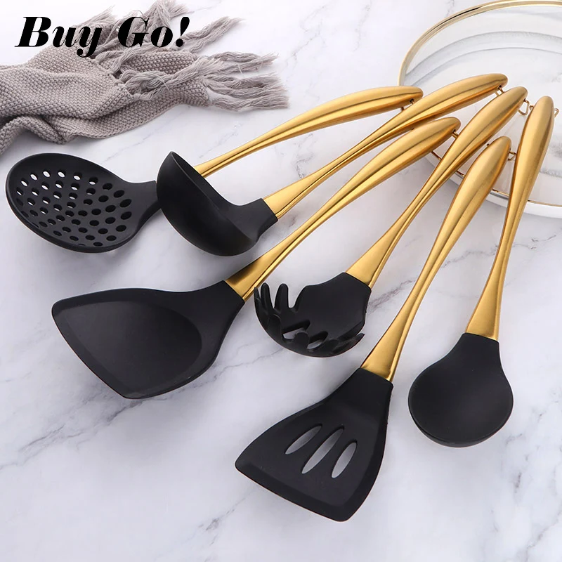 1-7PCS Silicone Head Kitchenware Stainless Steel Handle Soup Ladle Colander Cooking Set Turner Serving Spoon Kitchen Tool