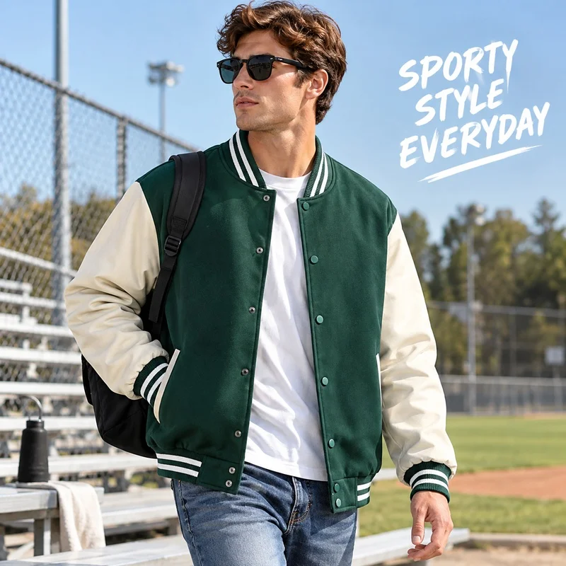Unisex Varsity Jacket Color Block Baseball Jacket for Men Women Retro College Streetwear Casual Sporty Snap Button Bomber Coat