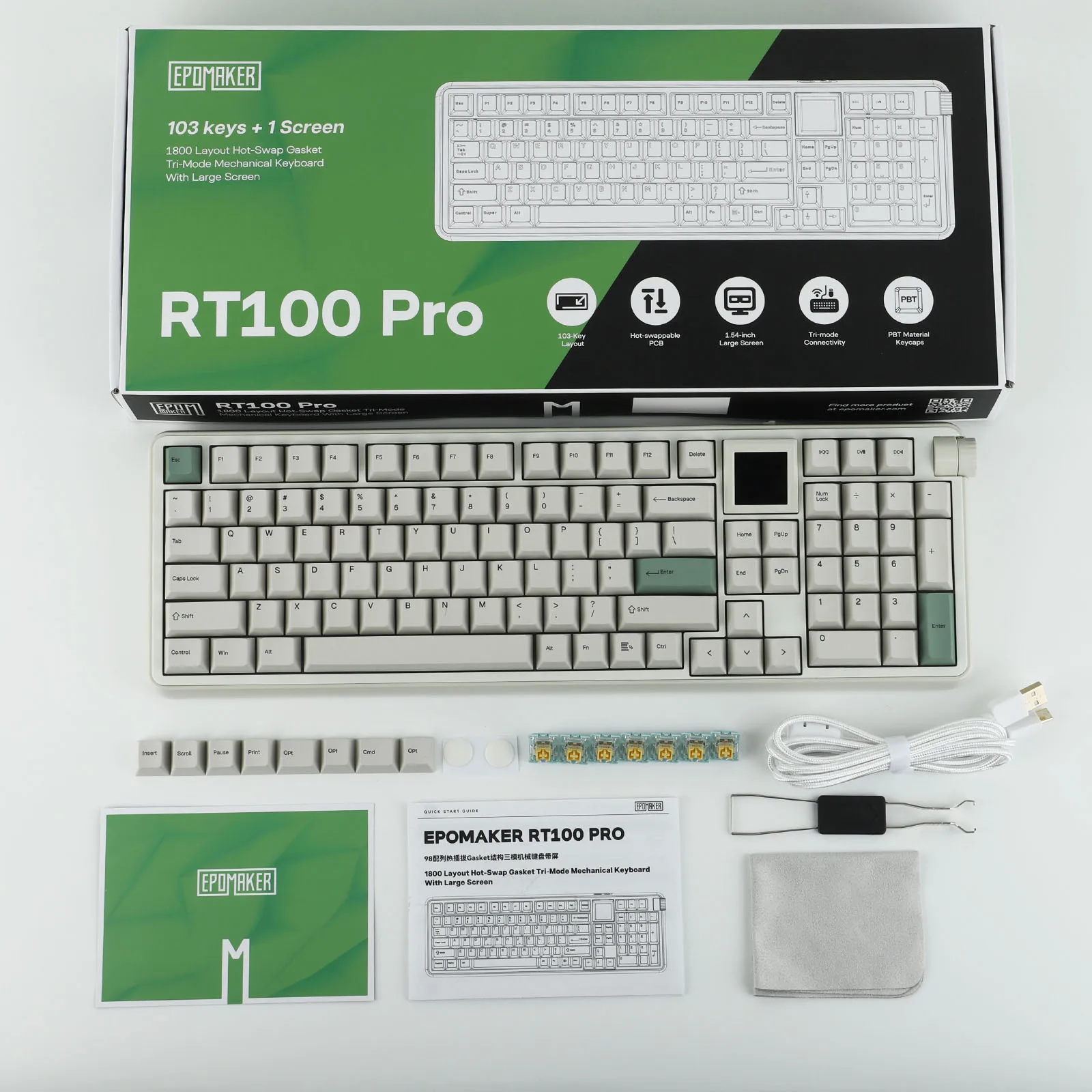 EPOMAKER RT100 PRO 100% ANSI US Layout Klawiatura mechaniczna z uszczelką, przewodowa/Bluetooth/bezprzewodowa 2.4Ghz, ekran 1.54” i pokrętło regulacji głośności — zdjęcie produktu 6
