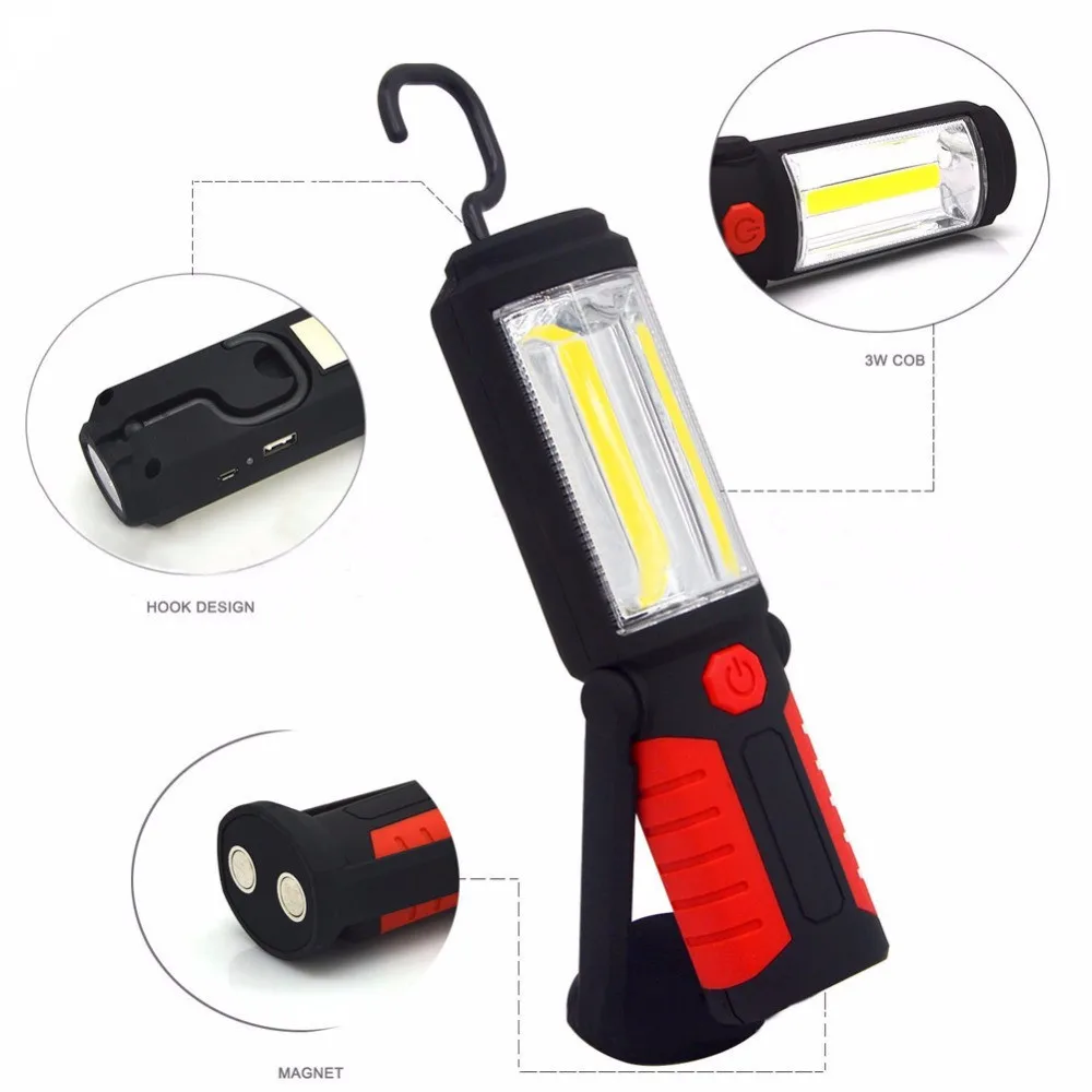 Powerful Portable 3000 Lumens COB LED Flashlight Magnetic Rechargeable Work Light 360 Degree Stand Hanging Torch Lamp For Work