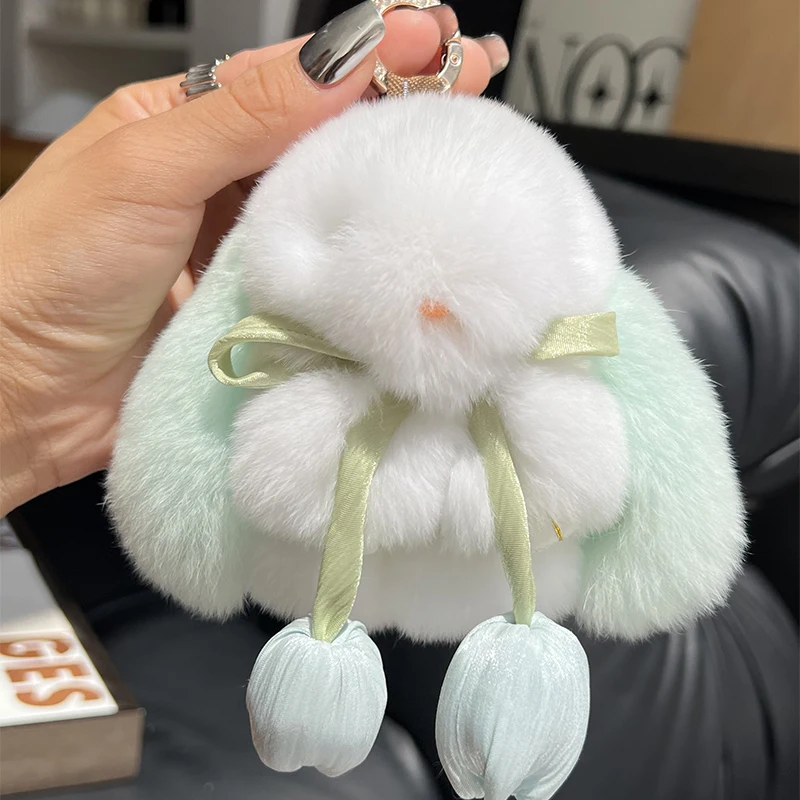 Cute Pluff Bunny Keychain Women Fur Pom Pom Angel Rabbit Key Ring Hare Plush Dolls Toy Girls Bag Car Key Pendant Kids Xmas Gift