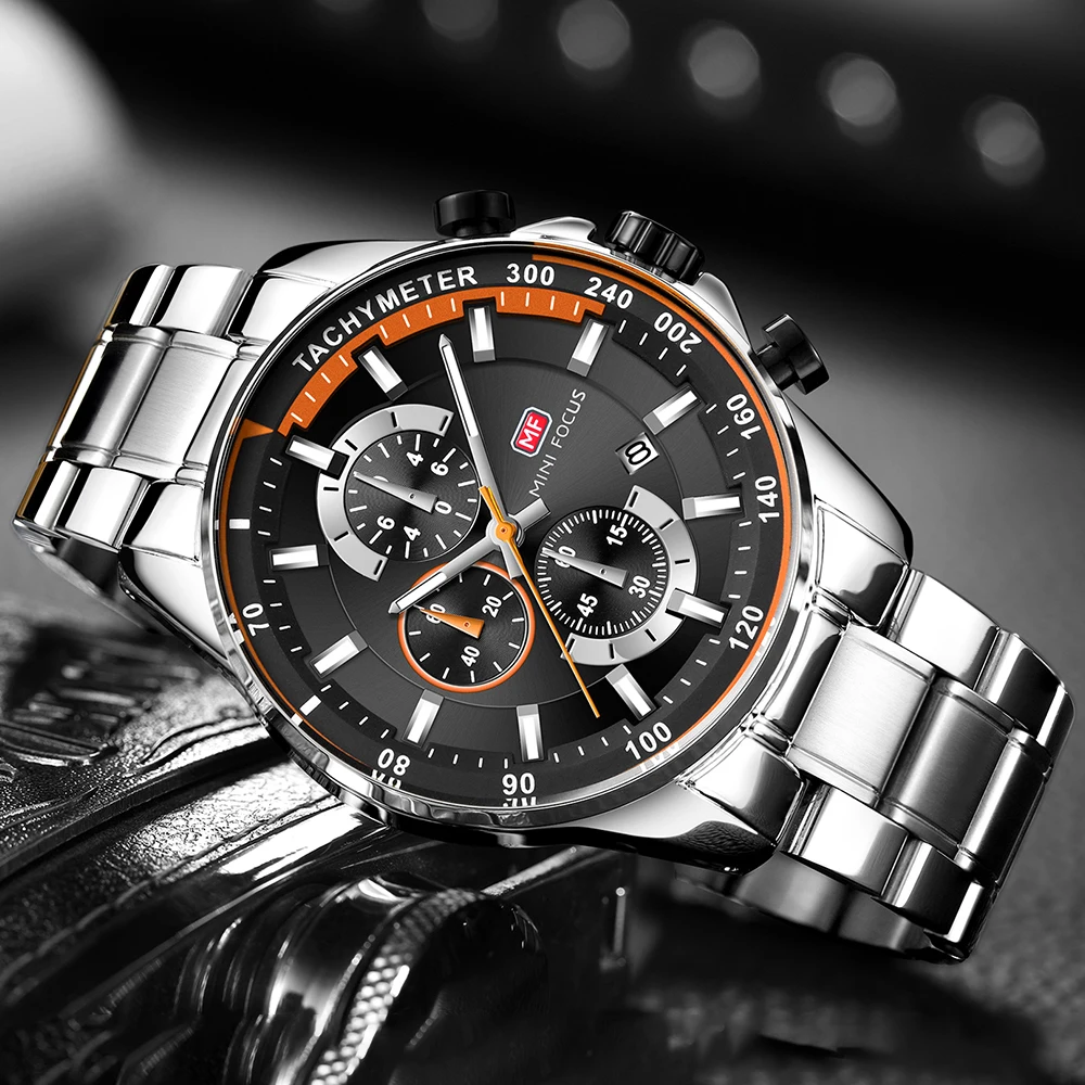MINI FOCUS Sports Quartz Watch for Men Multifunctional Small Dials Stainless Steel Strap Business Fashion Mens Watches New 0218