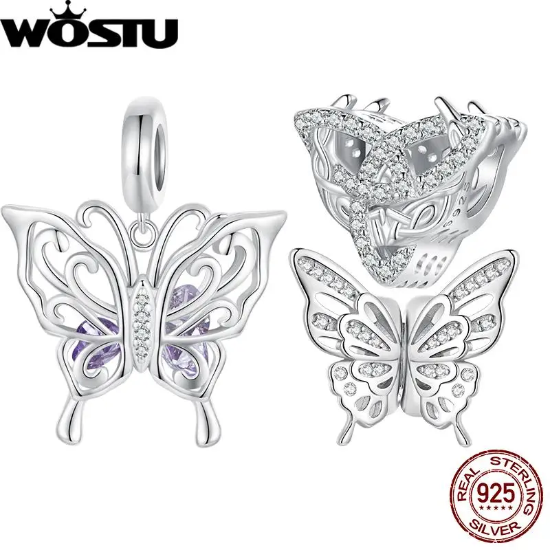 WOSTU 925 Sterling Silver Hollowed-out Butterfly Pendant Silicone Safty Chain Insect Beads Fit Original Bracelet Xmas DIY Gifts