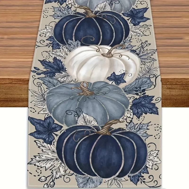 1pc Thanksgiving PolyesterTable Runner Blue & White Pumpkin Maple Leaf Design, Autumn Harvest Decor For Farmhouse Restaurant Hom