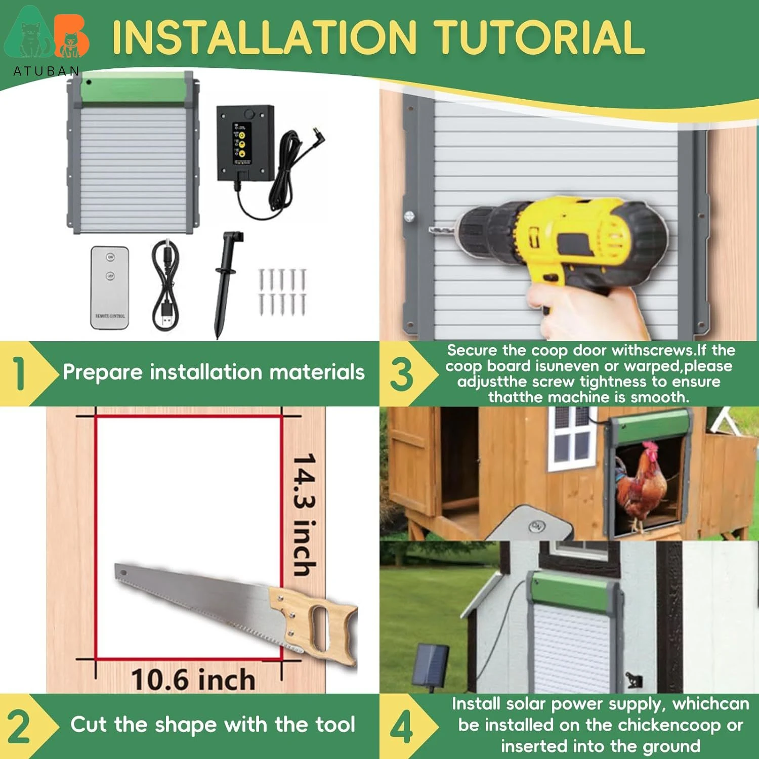 Imagem -06 - Atuban-porta Automática do Galinheiro Solar Powered Ip67 Impermeável Temporizador Automático Sensor de Luz Inteligente Anti Clip