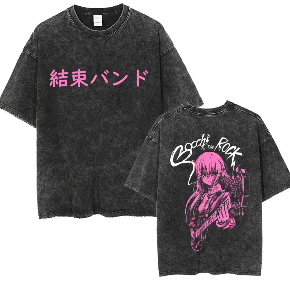 Washed Vintage Anime Bocchi The Rock Gotoh Hitori Graphic T-shirt Men Women Casual Cotton Oversized T Shirts Streetwear Unisex