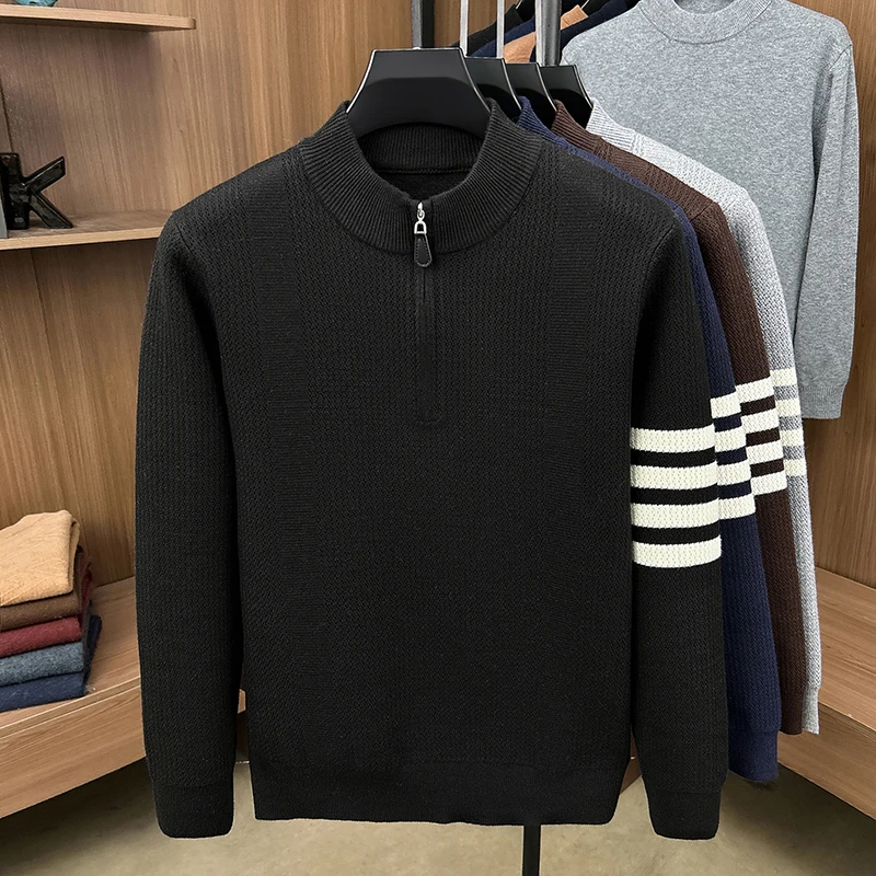 Hochwertiger Herrenpullover Herbst Winter Neuer Reißverschluss Stehkragen Modemarke Klassisches Streifenmuster Koreanischer Casual Jacquard Strickpullover – Detail 10