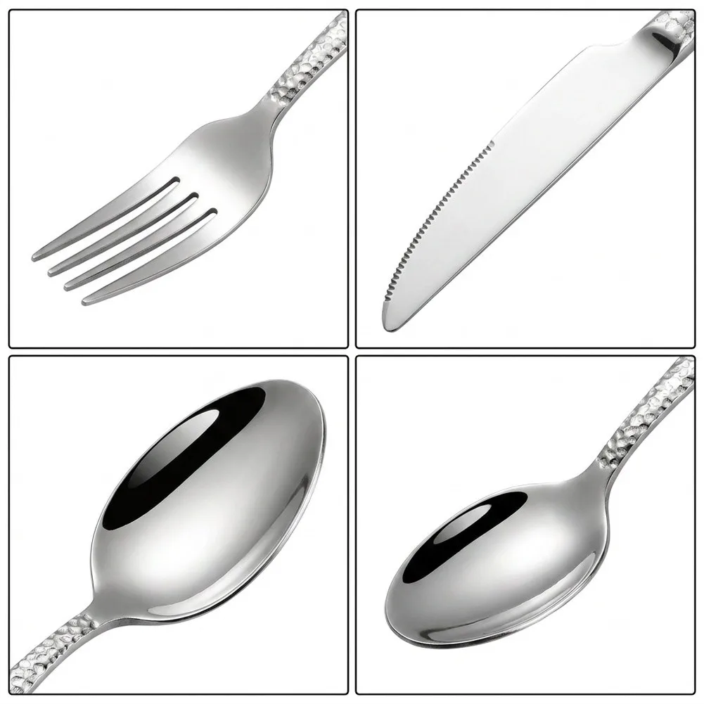 4-Piece Stainless Steel Flatware Featuring Polished Working Ends and Hammered Grip Zones for Balanced Handling
