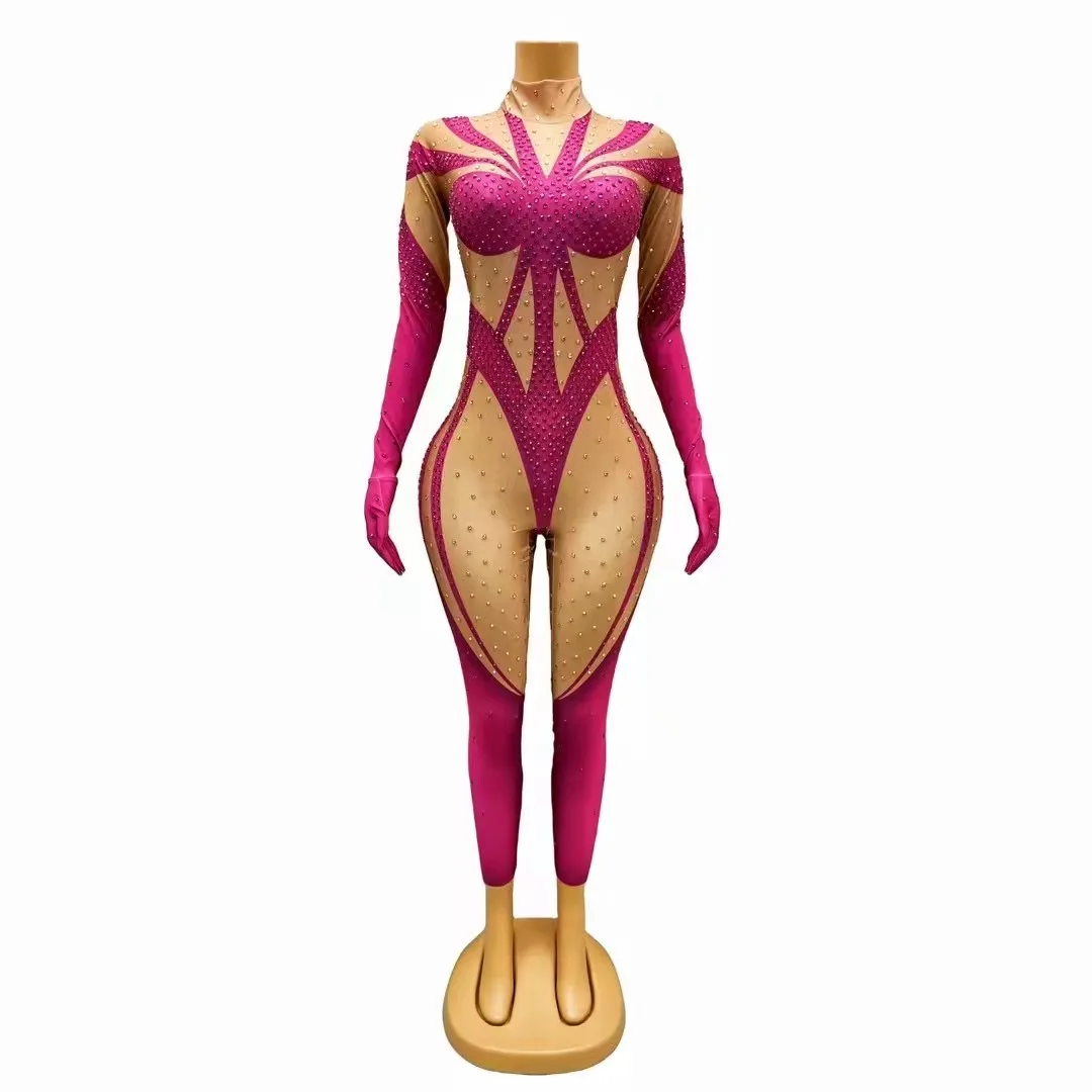 

Shining Rose Rhinestones Birthday CelebrateBodysuit Stretch Gloves Jumpsuit Outfit Sexyong Sleeves Evening Costume wenzi