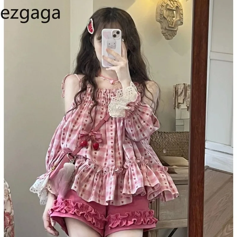 

Ezgaga Women Shirts Strawberry Printed Sweet Off Shoulder Bandage Long Sleeve Loose Ruffles Patchwork Blouse Y2k Fashion Tops