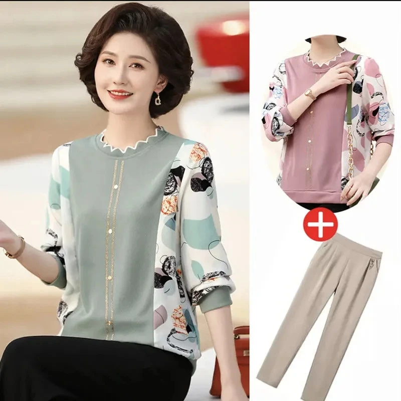 Mom's Spring Set Long Sleeved T-shirt With A Base Middle Aged Elderly Women's Clothing Spring Autumn Versatile Top Two Piece Set