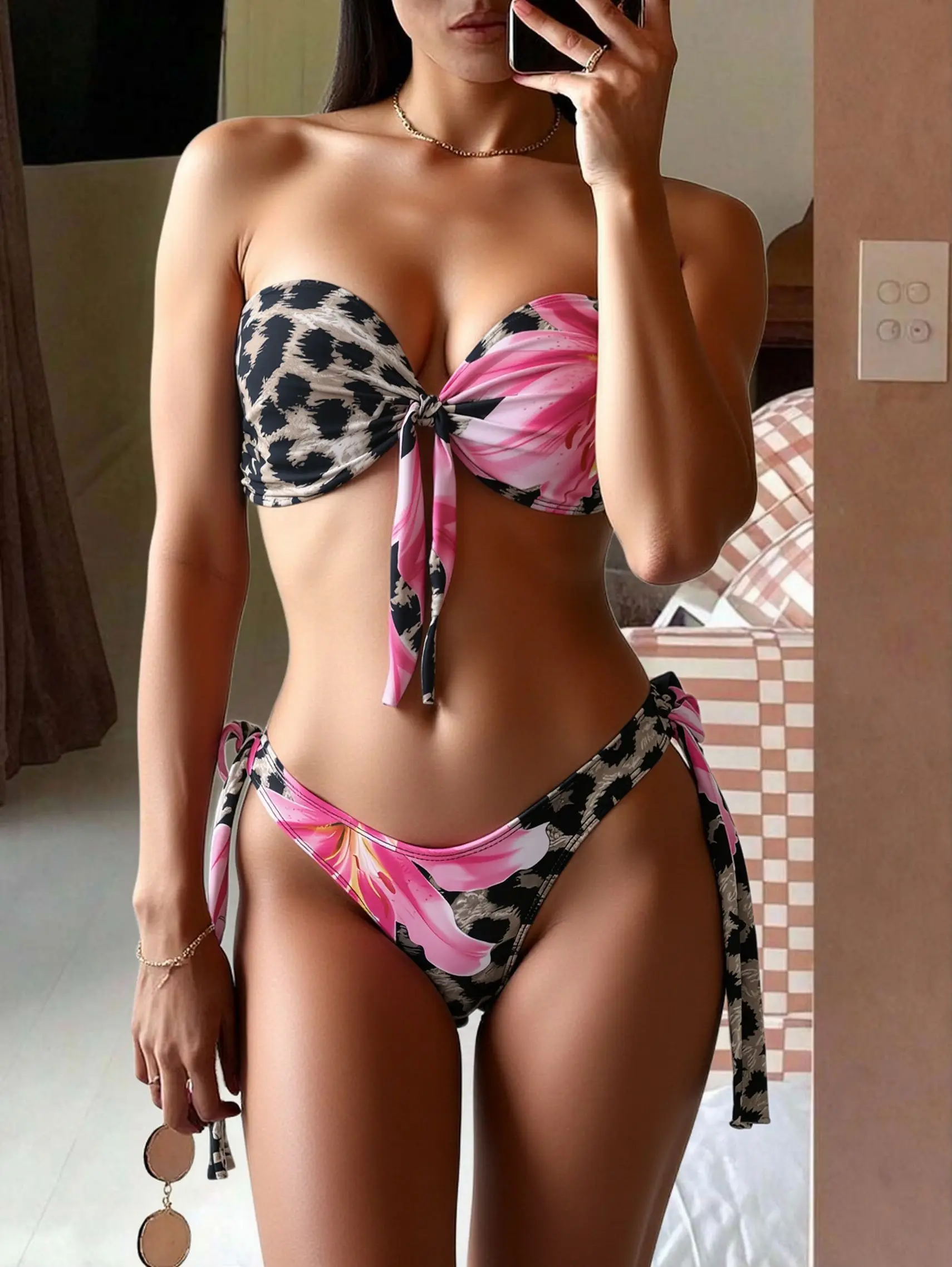 

Bold & Beautiful! Women's Leopard Lotus Print Bikini - Tie Side Bottoms, Halter Triangle Top, Vacation Swimwear