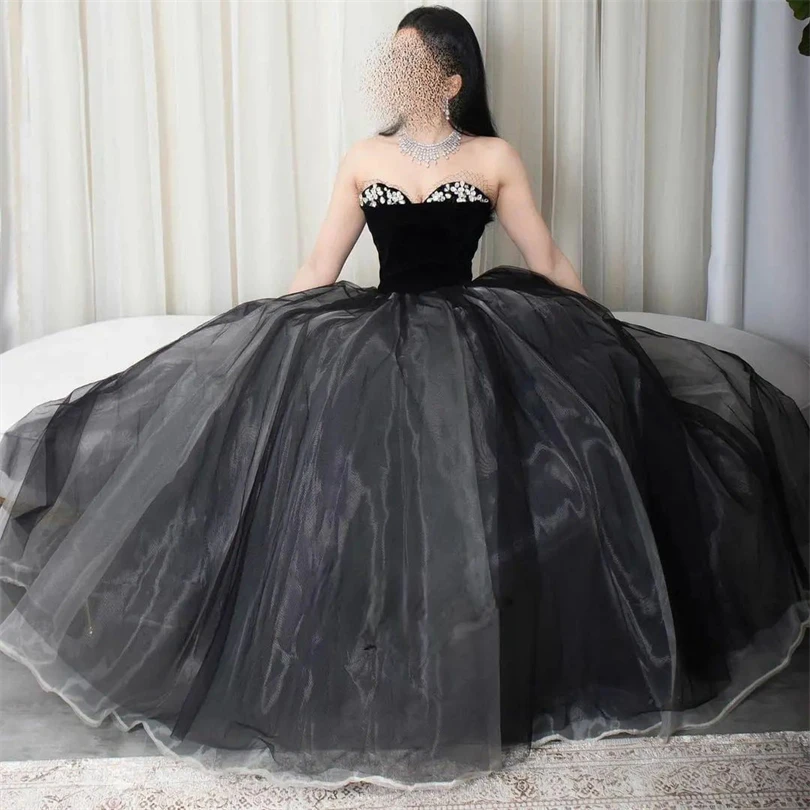 

Nersesyan Vintage Black Tulle Evening Dress Glitter Sequined Sweetheart Formal Occasion Gowns Sleeveless Princess Party Gown