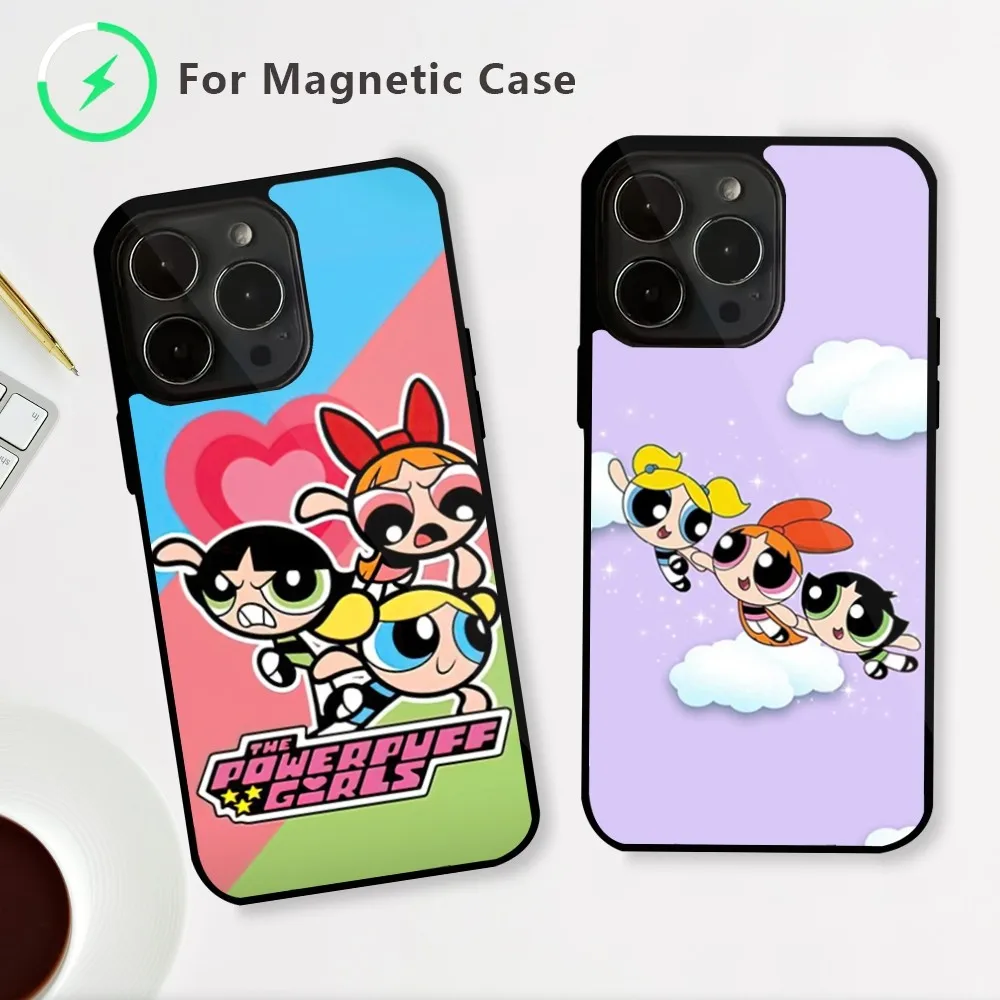 Cartoon The P-Powerpuff Girls Phone Case For iPhone 15 14 13 12 Mini Pro Max Plus Magnetic Attraction Shell