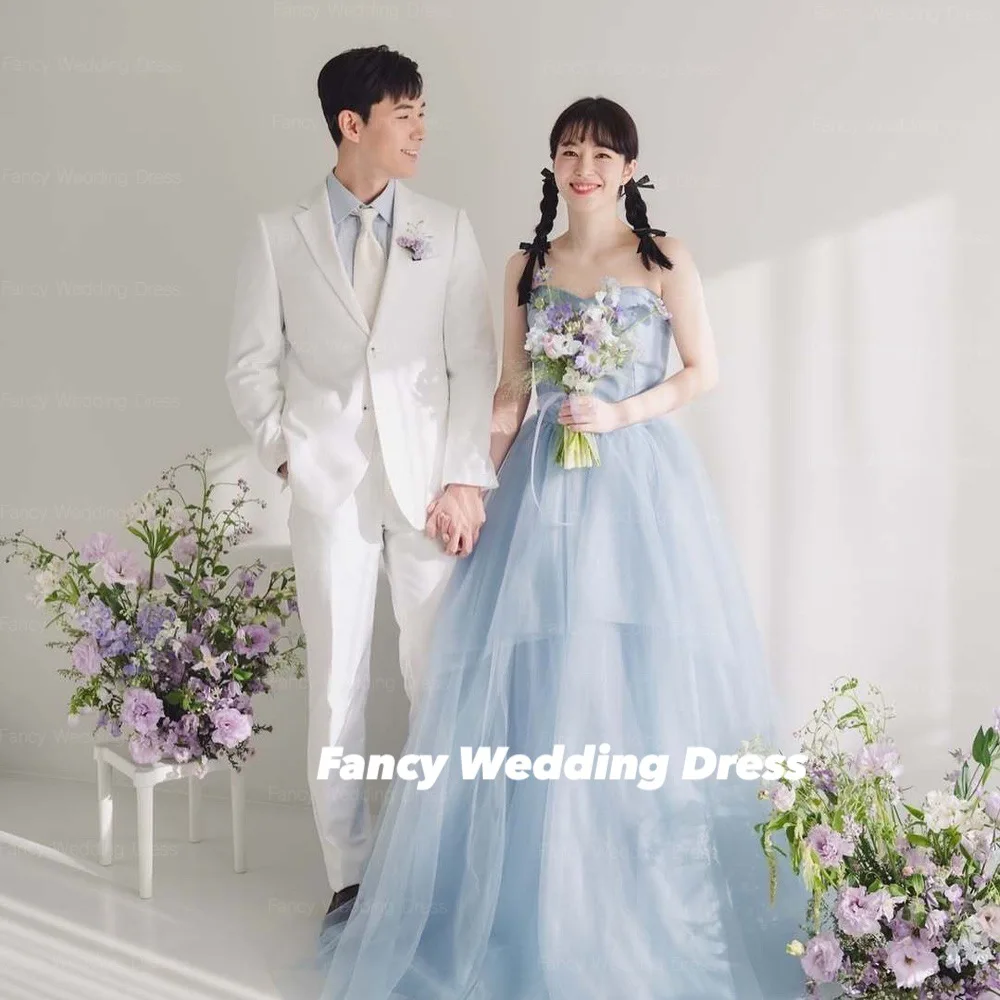 Fantasia semplice cielo blu tulle Corea matrimonio servizio fotografico abito innamorato abiti da sposa lunghezza pavimento corsetto posteriore personalizzato