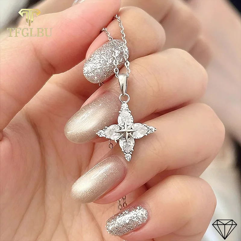 

TFGLBU New GRA Certified Four-pointed star Zircon Necklace for Women Created Diamond 925 Silver Pendants Christmas Jewelry Gift