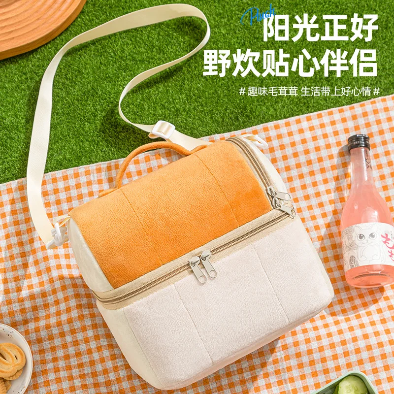 New Double Flannel Cooler Lunch Bag Printed Insulated Thermal Food Picnic Handbag Portable Shoulder Lunch Box Storage Tote