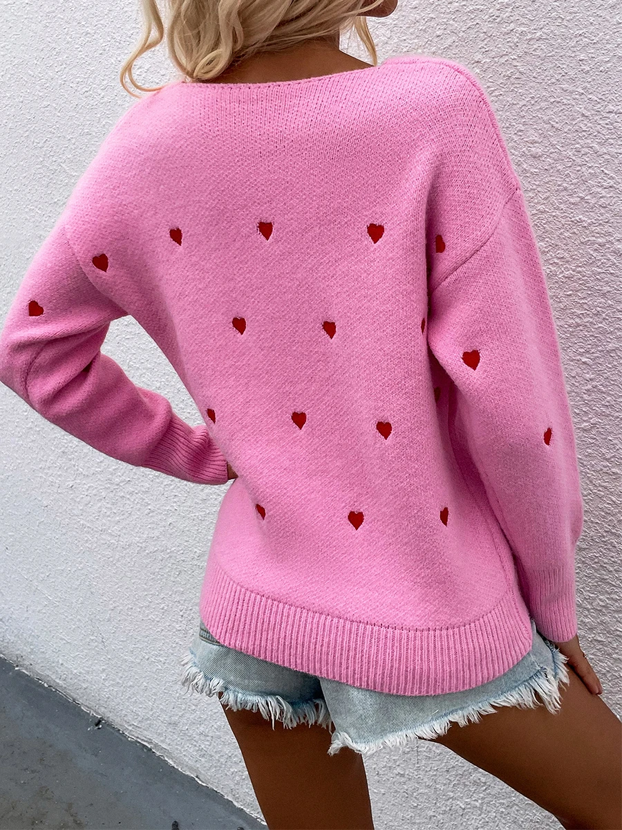 Heart Printed Sweater for Women Long Sleeve Crewneck Pullover Oversized Knitted Sweaters Valentines Jumper Tops