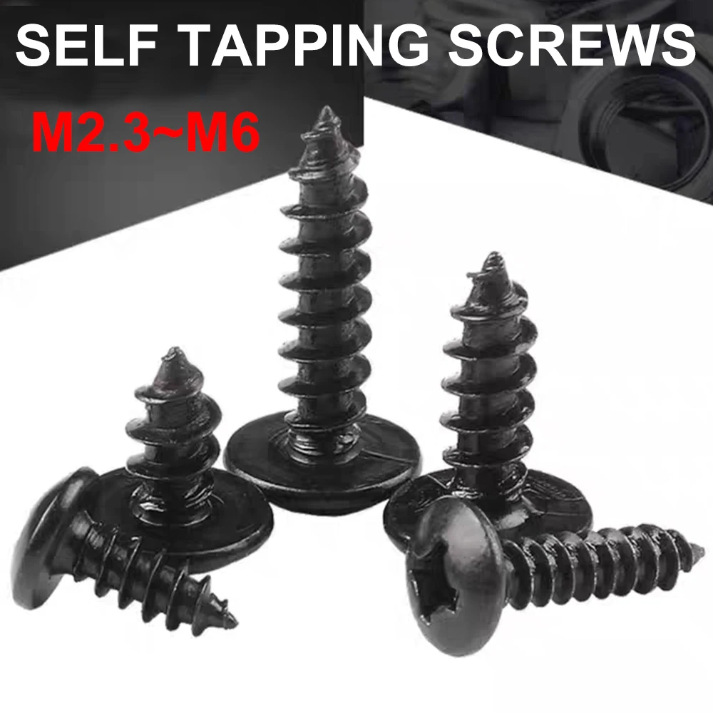 8pcs-80pcs Black Carbon Steel Self Tapping Cross Head Screws Phillips Truss Head Recessed Mushroom M2.3 M2.6 M3 M3.5 M4 M5 M6