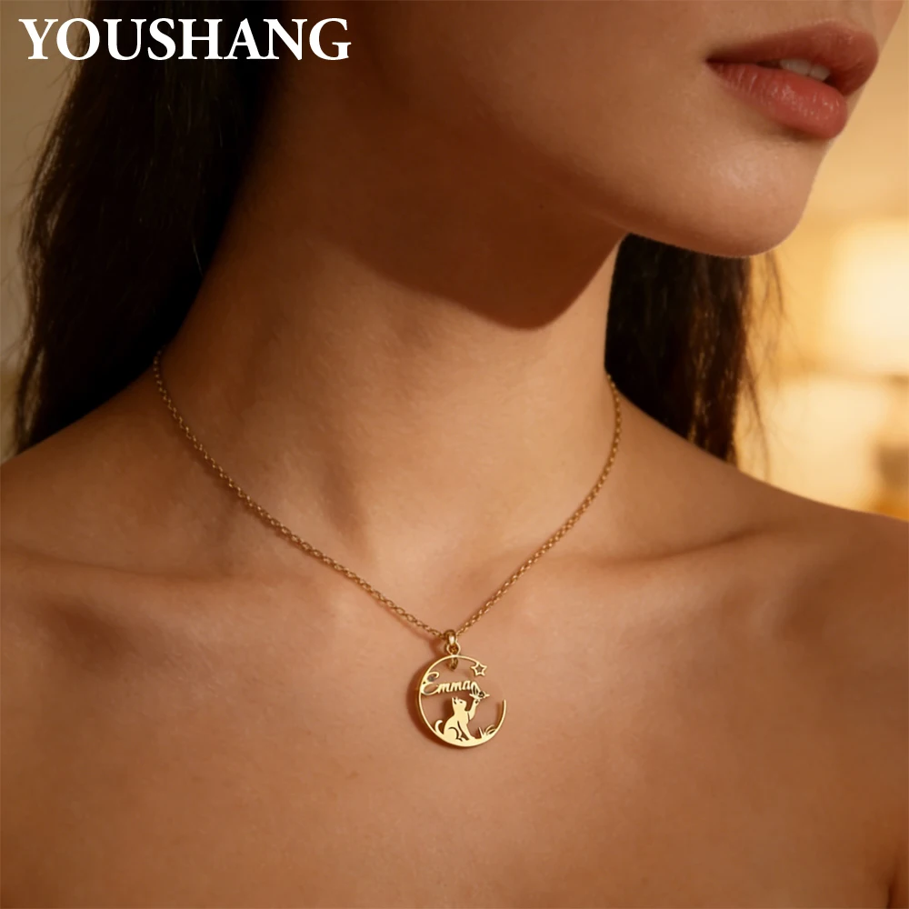 

Ожерелье с индивидуальной гравировкой, персонализированный кулон в виде кошки, украшение с луной и бабочкой, подарок для женщин и любителей кошек на День рождения или День святого Валентина.