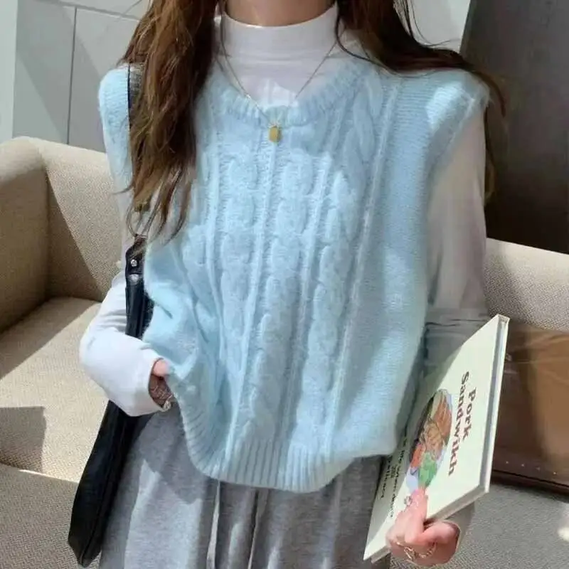 新しいOネックニット女性用無地ルーズノースリーブアンダーシャツセーターベスト女性用ヴィンテージ万能ツイストニットジャンパートップ