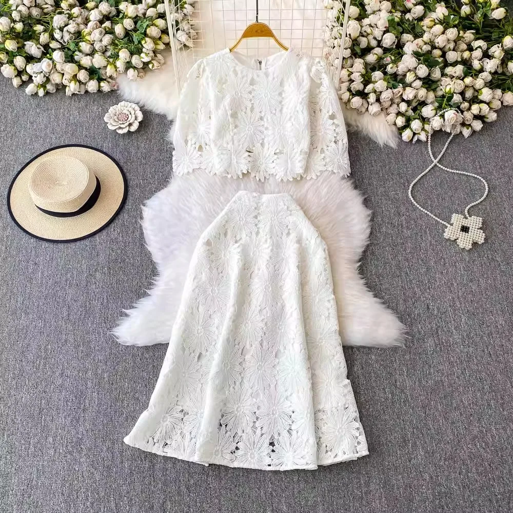 Vintage 2 Piece Sets Women Outfit O-Neck Zipper Short Tops + Lace Embroidery Hollow Out A-Line Skirt Beach New Two Piece Set