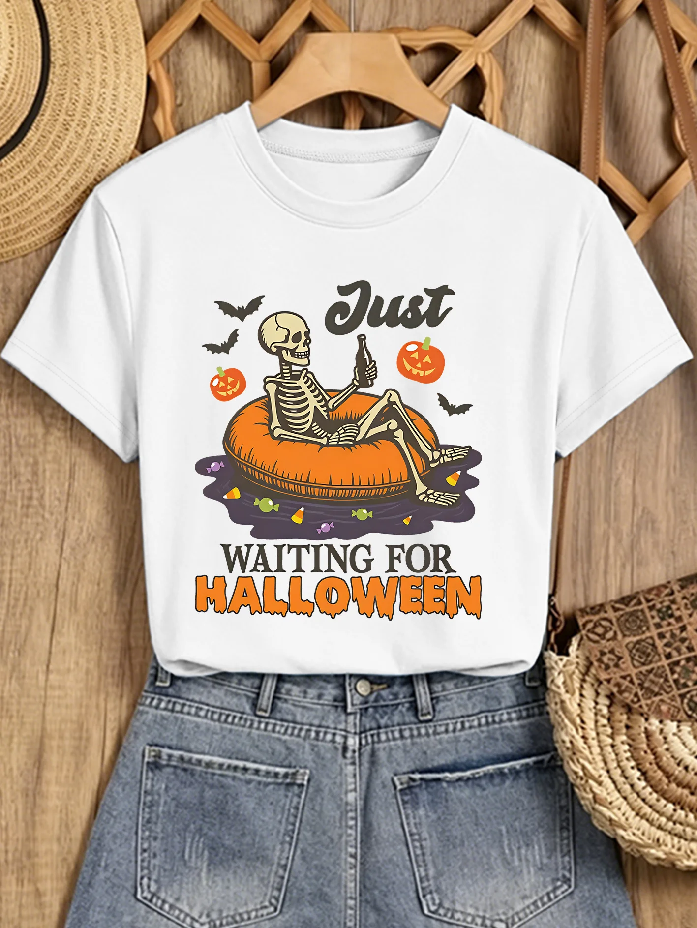 Halloween Women's Elegant Short Sleeve Just WAITING FOR HALLOWEEN Lying Swimming Circle Drinking Skeleton  Round Neck T-shirt