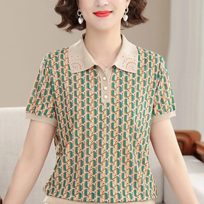 Vintage Broken Flowers Printed Shirt Summer Short Sleeve Fashion Diamonds Commute Female Clothing Lapel Casual Spliced Blouse