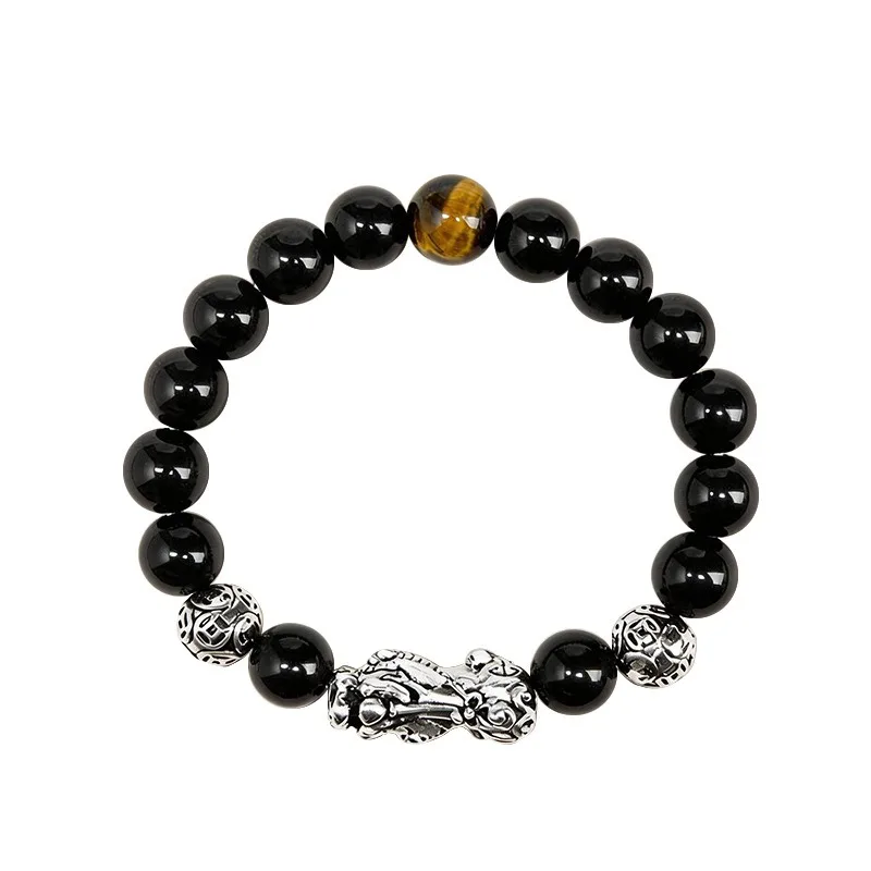 Natural Obsidian Bracelet Black Agate Pixiu Bracelet Mens Yellow Tiger Eye Beaded Bracelet Good Luck Amulet Gifts