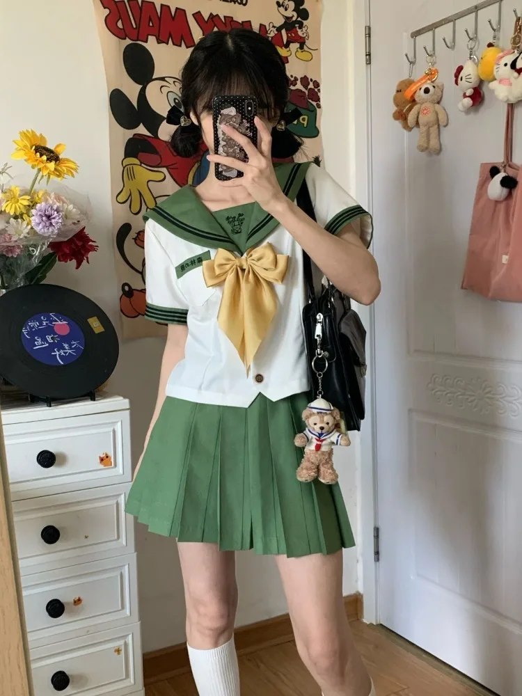 

Sweet Sailor Collar Bow Short Sleeve Jk Shirt Women+ Y2k High Waist Pleated A-line Skirts 2025 Summer New Two Piece Sets