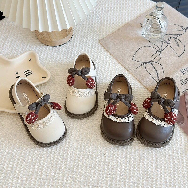 

Girls' Korean Style Leather Shoes with Lace Butterfly Bowknot Mary Jane Design Soft Sole Anti-Slip Children's Shoes 21-30