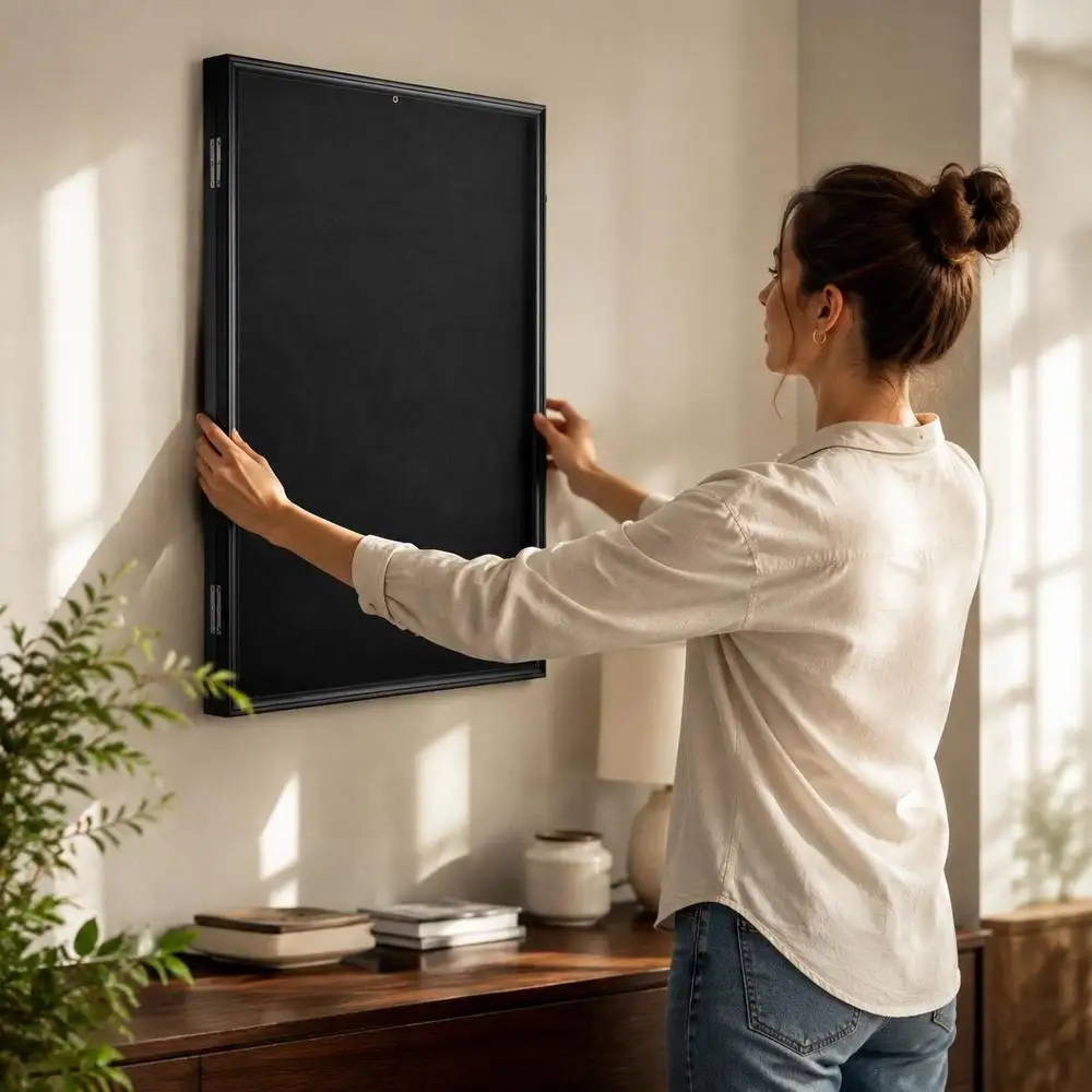 Vetrina per maglie con serratura e pannello in acrilico trasparente, appendiabiti integrato, cornice in legno nero effetto venatura per divise da baseball, basket, football americano e hockey,