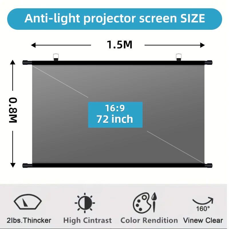72 Inch 16:9 Anti-Light Wall Mount Projector Screen, Punch-Free Pull Down HD Projection Curtain for Multi-Scenario Home Office