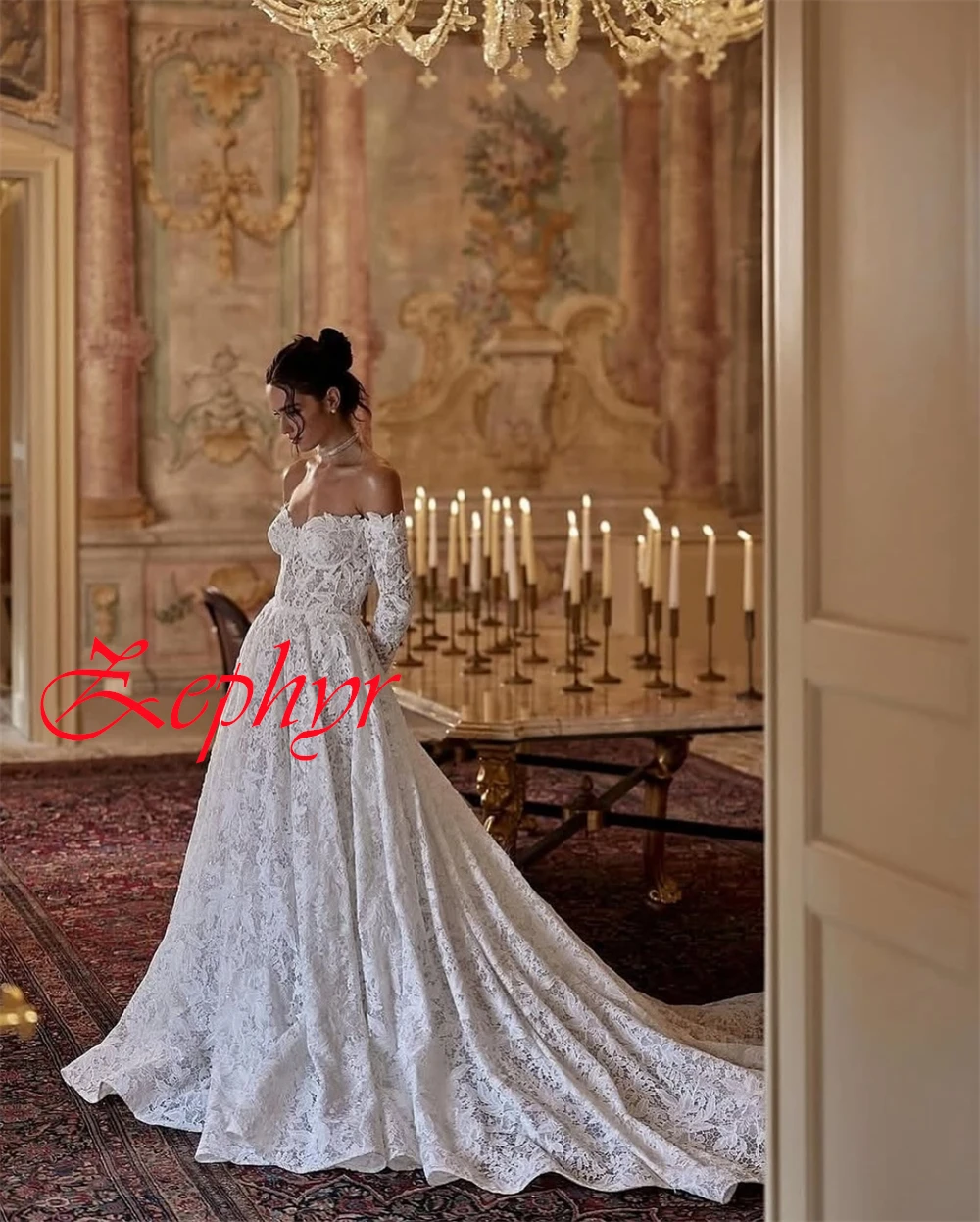 Robe de mariée en dentelle blanche exquise, personnalisée, élégante, sans bretelles, manches longues, traîne chapelle, fermeture éclair au dos