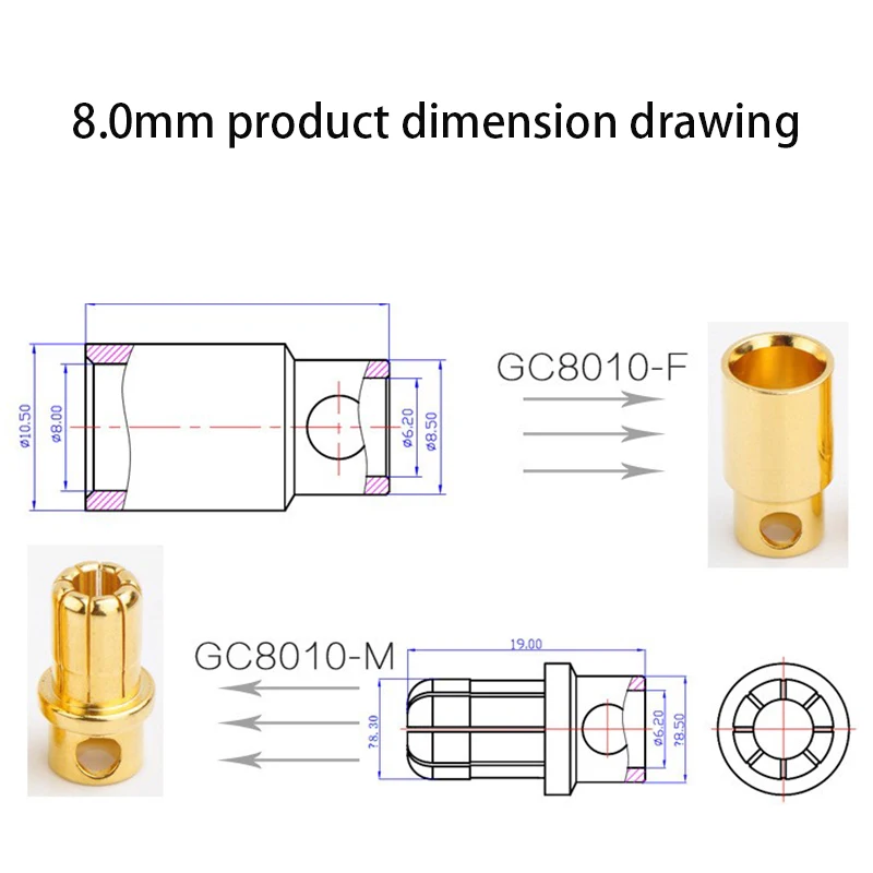 A10 peças de 5 pares Amass 2.0mm 3.0mm 3.5mm 4.0mm 5.5mm bala de ouro banana conectores 6.0mm 8.0mm plugues para conexão de bateria