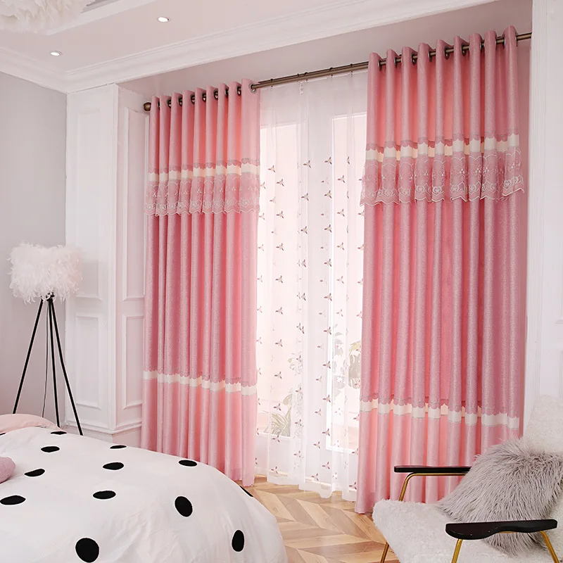 

Curtains for Living Dining Room Bedroom Pink Girl Cotton and Hemp Stitching Shading